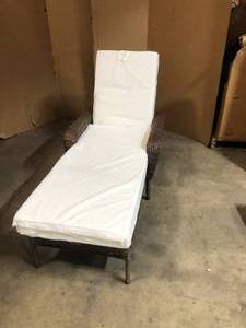 lot 42 image: Hampton Bay Cambridge Brown Wicker Outdoor Patio Chaise Lounge with bare  Cushions - Good Condition - Review all pictures Good Condition - Review all pictures