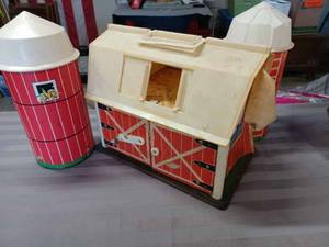 Playskool Barn with Two Silos and a Playskool Red School House - Adhesive Exterior is Peeling on Barn and Missing on 1-Side of School