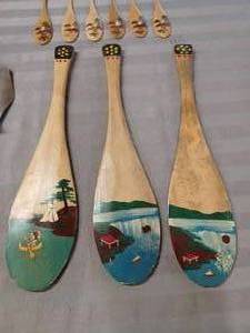Box of Vintage Items Hand Painted Minature and Larger Wooden Paddles, First National Insurance Agency Rain Gauge and More