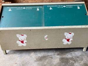 Wooden Alphabet Toy Box with Chalkboard Doors and Book Shelf Top