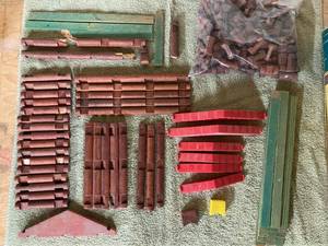 Vintage Cardboard Can of Lincoln Logs Containing Roof Slats, Gable Ends, Chimneys, and More