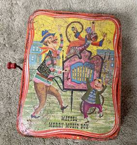 Vintage Matty Mattel Presents Empty Metal Jack in the Box, a Mattel Merry Music Box 1953, 3 Tin Noise Makers and Bike Headlamp
