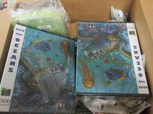 box of mens shorts, womens shirts, ...
