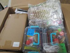 box of fidget toys, masks, hair ext...