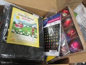 box of shade net, christmas bulbs, ...