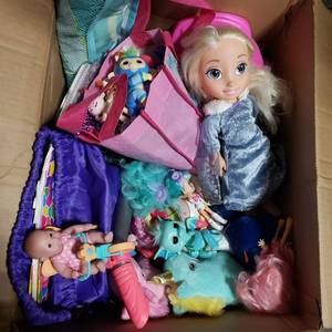 Box Of Little Girl Toys, Lots Of Disney Items, Dolls & Furniture, Boots & More