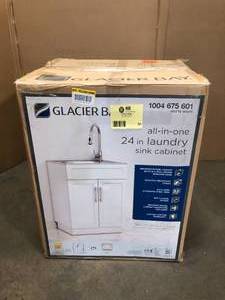 Glacier Bay All-in-One Stainless Steel 24 in Laundry Sink with Faucet and Storage Cabinet in White - New - Review all pictures