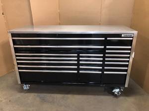 Husky 72 in. W x 24.6 in. D Professional Duty 20-Drawer Mobile Workbench Cabinet with Stainless Steel Top in Black - scratches present  Review all pictures