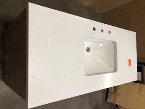 Glacier Bay Pittsford 48 in. W x 21 in. D Vanity in Aged Grey with Ceramic Vanity Top in White with White Basin- has minor flaws - Review all pictures