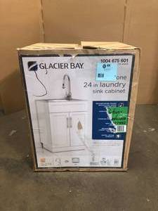 Glacier Bay All-in-One Stainless Steel 24 in Laundry Sink with Faucet and Storage Cabinet in White- Has Minor Flaws - Review all pictures