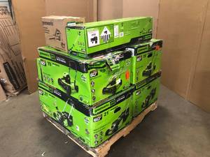 Pallet with assorted Green Works Lawn Outdoor Tools - various models and conditions Customer Returns - Review all pictures