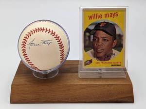 lot 39 image: Willie Mays Hand-Signed Baseball and 1959 Topps Baseball Card with Display