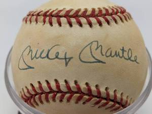 lot 36 image: Mickey Mantle Hand-Signed Baseball with Display