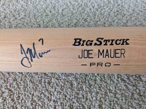 lot 23 image: Joe Mauer Hand-Signed and Inscribed 7 Big Stick Baseball Bat with Display