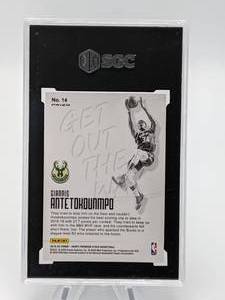 lot 103 image: 2019-20 Panini NBA Hoops Get Out The Way #14 Giannis Antetokounmpo SGC 9.5 Gem Mint