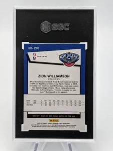 lot 104 image: 2019-20 Zion Williamson Panini Hoops Premium Stock Purple Disco Prizm Rookie RC SGC 10 Gem Mint
