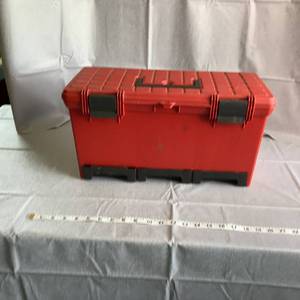 Red Tool Box With Assortment of Hand Tools