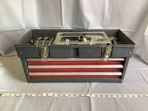 Gray and Red Tool Box with Various Hand Tools