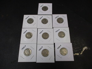 34. Lot of (10) Buffalo Nickels - Carded and Labelled Including 1920-P, 24-P, 26-P, 29-P, 30-P, 34-P, 35-D, 36-S, 36-D, 37-P