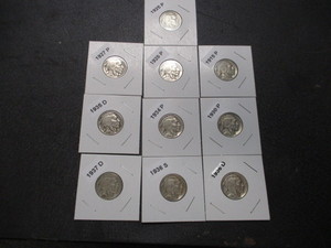 36. Lot of (10) Buffalo Nickels - Carded and Labelled Including 1919-P, 25-P, 26-P, 27-P, 30-P, 34-P, 35-D, 36-D, 36-S, 37-D