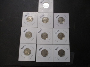 37. Lot of (10) Buffalo Nickels - Carded and Labelled Including 1925-P, 26-P, 27-P, 28-S, 29-P, 34-P, 34-D, 35-S, 36-P, 37-D