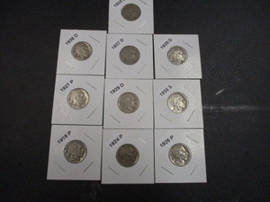 38. Lot of (10) Buffalo Nickels - Carded and Labelled Including 1919-P, 24-P, 26-P, 27-P, 29-D, 35-D, 36-D, 36-S, 37-D, 38-D