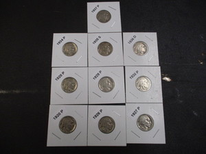 38A. Lot of (10) Buffalo Nickels - Carded and Labelled Including 1920-P, 26-P, 27-P, 28-P, 29-P, 30-P, 34-P, 35-S, 36-D, 37-P