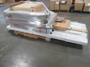 lot 300 image: LARGE WHOLESALESALVAGE PALLET Of Bifold Doors, Outdoor Tent Canopies (frames only) Cabinets and More
