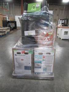 lot 303 image: LARGE WHOLESALESALVAGE PALLET (Approximately 15 Pieces) Of Toilets, Garage Items and More