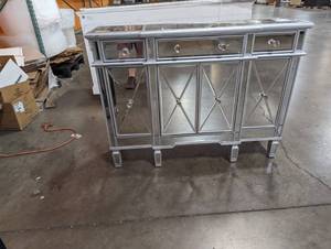 lot 357 image: VINGLI Mirrored Credenza with Drawers and Doors Console Table Sideboards and Buffets Cabinet with Storage Media Table, 47.64 L x 14.2 W x 35.83 H