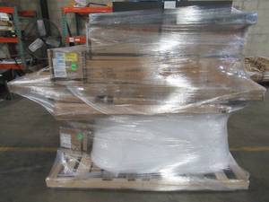 lot 310 image: LARGE WHOLESALESALVAGE PALLET (Approximately 14 Pieces) Of BATHROOM ITEMS, TABLE BASES, INCOMPLETE PLAYSET and More
