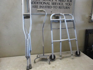 lot 120 image: Aluminum walker, crutches and cane