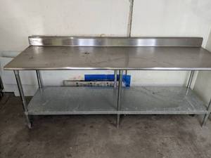 lot 356 image: 30 x 96 Stainless Steel Commercial Work Table with 4 Backsplash and Galvanized Undershelf