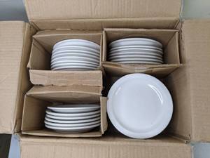 lot 412 image: Box of (38) Used Round White Coupe China Plates, 7 14-Inch