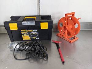 lot 444 image: Work Zone 93953 Toolbox, Garage Hanging Light, Extension Cord Wheel, Flashlight, Combination Locks and More