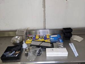 lot 454 image: Assortment of Miscellaneous Stainless Steel Bowls, 6 Compartment Containers, Gift Card Envelopes, Stainless Steel Mesh Tea Filters, Address Labels, Multipurpose Labels, Scoops, Funnels and More