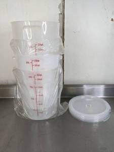 lot 364 image: Set of (4) Choice 22 Qt. Translucent Round Polypropylene Food Storage Containers with Red Gradations and Lids