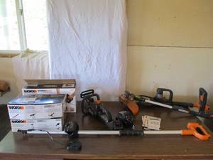 lot 5 image: Lot of Landscaping Tools. WORX Weed Trimmer, Jaw Saw, Chain Saw, Power Washer, chargers and batteries.