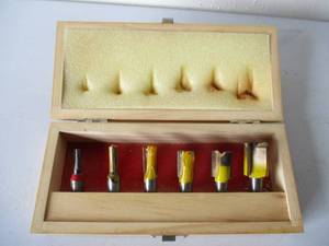 lot 20 image: Woodworking Router Shaper Bits in wood Case. Woodtek.