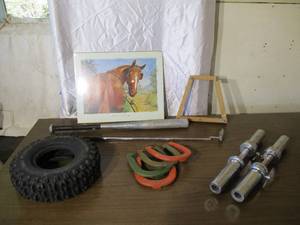 lot 72 image: Lot of Miscellaneous Items. Horse Print. Horse Shoes. Small Tire. Metal Baseball Bat and more.