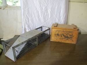 lot 73 image: Lot of Miscellaneous Items Live Animal Trap & Dovetailed wood box wcover.
