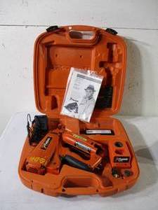 lot 108 image: Paslode Cordless Angled Finish Nailer. 1-Charger, 1-Power Adapter,1-Battery, instructions all in case.