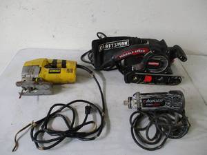 lot 116 image: Lot of 3Hand Tools Craftsman Belt Sander, Rotozip Spiral Saw, DeWalt Jigsaw.