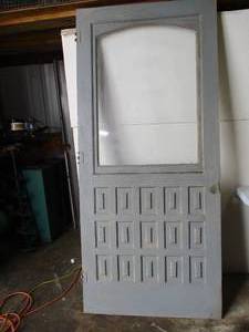 lot 132 image: Vintage Wood Door with original wood framed screen insert.