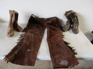 lot 138 image: Lot of Equestrian Horseback Riding Equipment. Chaps & Boots. CowboyCowgirl supplies.