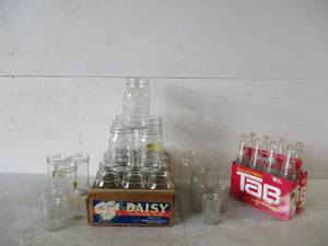 lot 146 image: Lot of various canning Jars with wood cratebox. Vintage Tab Bottles 6 pack cardboard pack.