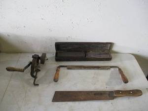 lot 265 image: Lot of Draw Knife, Machete, Sharpening Stone in Vintage wood boxcase and Vintage Sharpener.