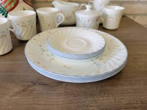 Lot of Corelle Dishes, Snowman Cookie Jar and Baskets