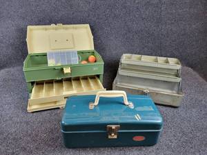 Lot of (3) Tackle Boxes - Includes (2) Vintage Metal and (1) Plano Plastic - A few Bobbers and Jigs Included