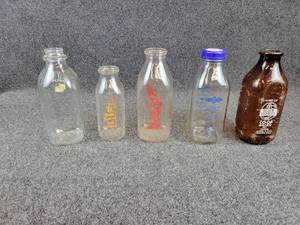 Lot of (5) Antique Milk Bottles - Foresters, Golden Guernsey Dairy and Blue Bunny
